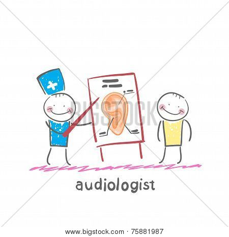 otolaryngologist shows a presentation about the patient's ear