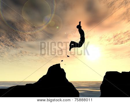 Concept or conceptual young man or businessman silhouette jump happy from cliff over water gap sunset or sunrise sky background