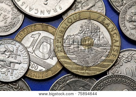 Coins of France. Mont Saint-Michel depicted in the old 20 French franc coin.