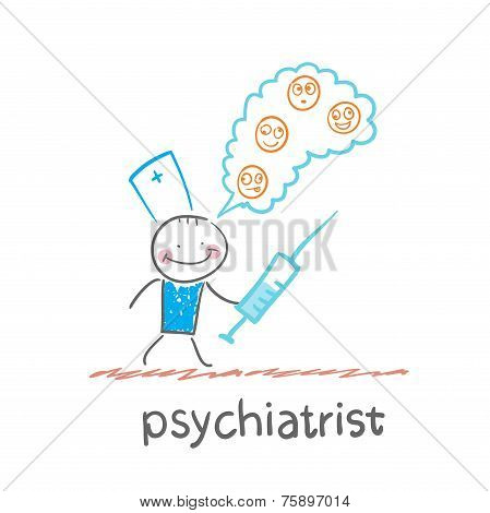 psychiatrist with a syringe thinks of demented patients
