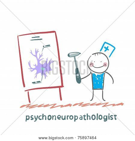 psychoneuropathologist holds the hammer and says a presentation on the nerve cells