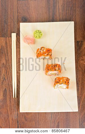 Sushi Rolls On The Wooden Plate. Top View.