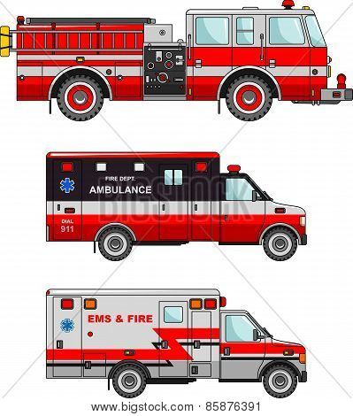 Fire truck and ambulance cars isolated on white background in flat style