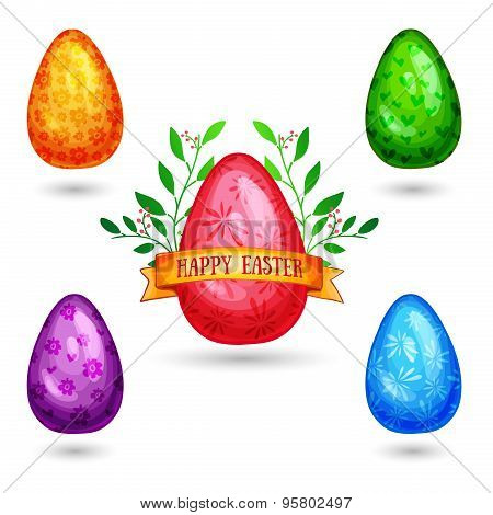 Set of color, shiny eggs with a simple pattern. Ribbon with text Happy Easter. Vector.
