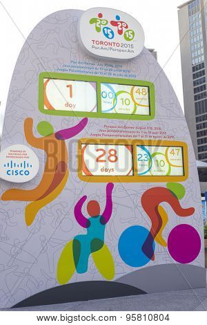TORONTO,CANADA-JULY 9,2015: The countdown clock marking the time left until the opening ceremony of the PanAm games installed in Nathan Phillips Square.