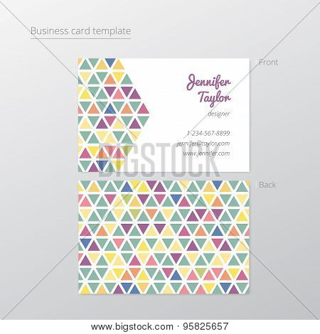 Business card template with color triangle background. Vector illustration.