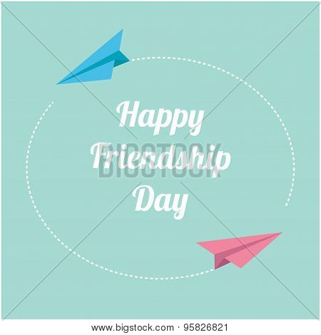 Happy Friendship Day Pink And Blue Origami Paper Planes. Round Dash Frame In The Sky. Flat Design
