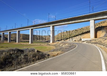 view of a high-speed viaduct in Alconchel de Ariza, Saragossa, Aragon, Spain. AVE Madrid Barcelona.