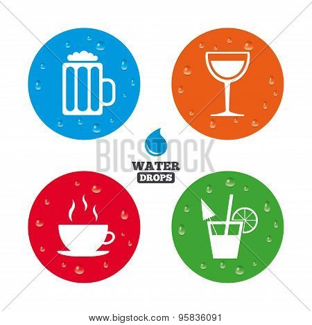 Drinks signs. Coffee cup, glass of beer icons.