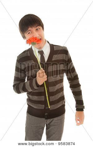 Mand med røde Gerbera stående på den hvide baggrund