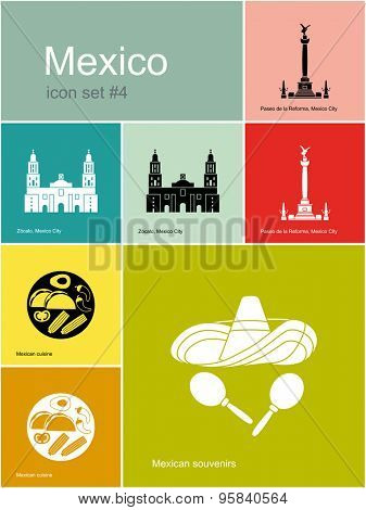 Landmarks of Mexico. Set of color icons in Metro style. Raster illustration.