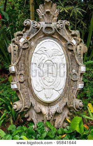 Closeup of Ecuadors national shield also found in official flag stone made from Museum Quinta Simon