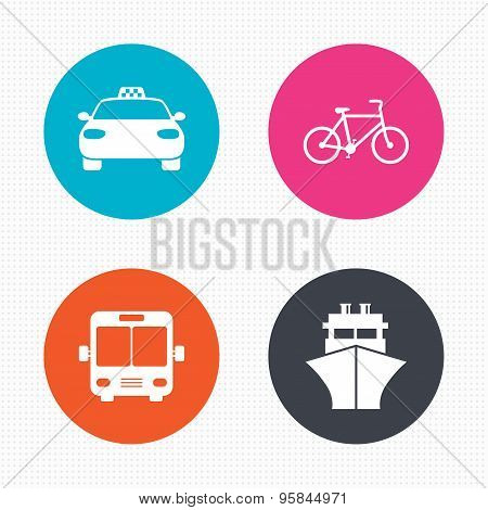 Transport icons. Taxi car, Bicycle, Bus and Ship