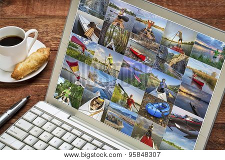 gallery of paddling pictures from Colorado featuring variety of boats and the same male model - reviewing images on a laptop - all screen pictures copyright be the photographer