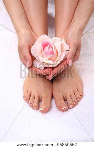 Beautiful feet with perfect spa french nail pedicure