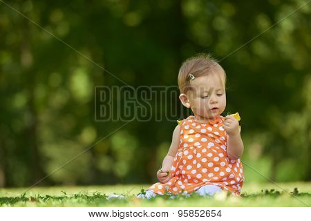 happy young baby child sittng on grass on beautiful summer day in park