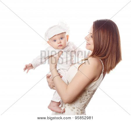 Mother Holds Her Firstborn In Her Arms. Isolated.