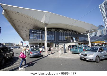 WARSAW, POLAND - SATURDAY, JUNE 6, 2015: A general exterior view of the main Polrail, PKP, train station in Warsaw.  