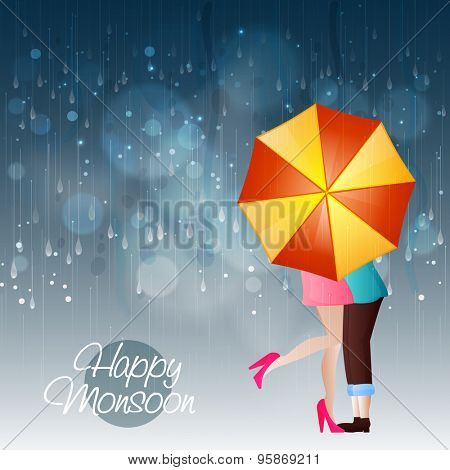 Young couple in love under an shiny umbrella in a rainy day for Happy Monsoon.