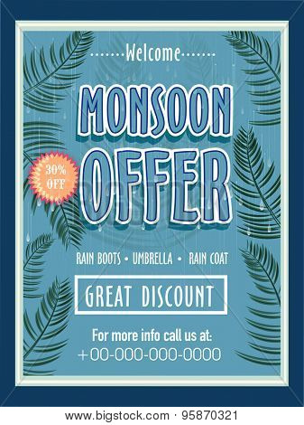Monsoon Offer with great discount, Vintage template, banner or flyer design decorated with green trees on blue background. 