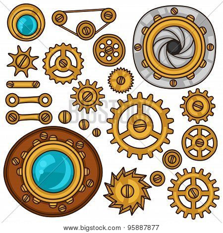 Set of steampunk gears, screws and cogwheels in doodle style