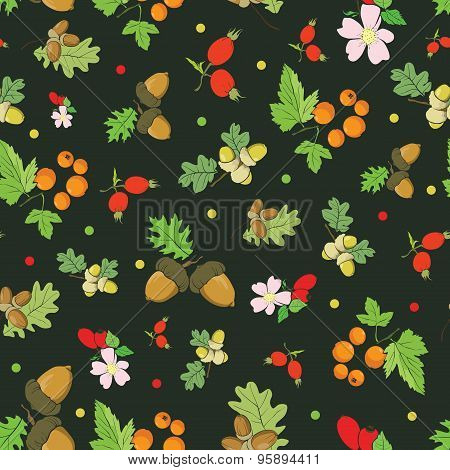 Vector Vintage Fall Berries Nuts on Dark Green Seamless Pattern