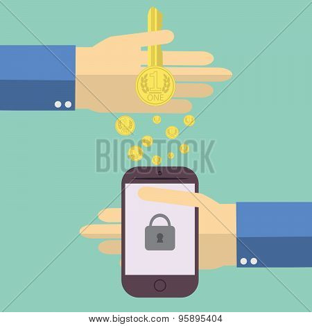 Flat Design Modern Vector Illustration Of Human Hands Making Money Transfer To Mobile Phone, On Colo