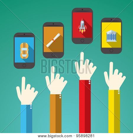 Flat Design Vector Illustration Concept For Online Services. Concepts For Hand Touching Smart Phones