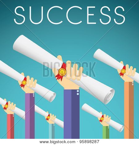 Flat Design Vector Illustration Of Hands Holding Diploma, Degree Scroll With Red Ribbon. Concept For