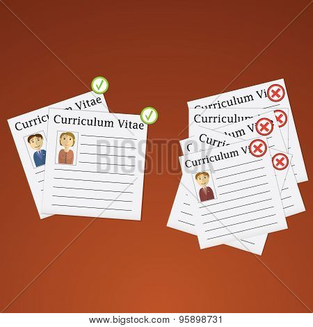 Flat Design Vector Illustration Concept For Picking From Profiles Candidate To Hire. Choose Woman An