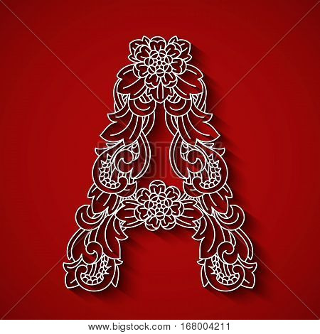 Paper cutting, white letter A . Red background. Floral ornament, balinese traditional style. EPS 10