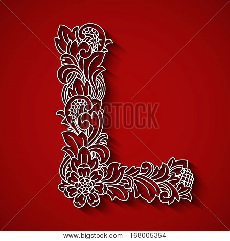 Paper cutting, white letter L . Red background. Floral ornament, balinese traditional style. EPS 10