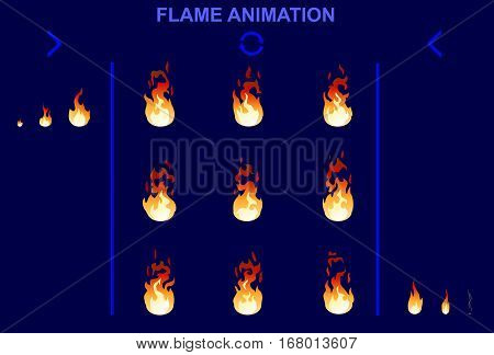 Bright fire flame animation set of different shapes for game design in cartoon style isolated vector illustration