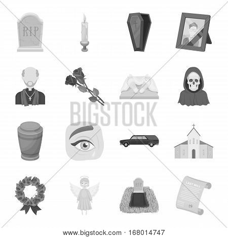 Funeral ceremony set icons in monochrome design. Big collection of funeral ceremony vector symbol stock illustration