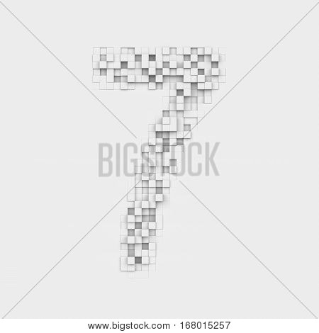 3d rendering of number 7 made up of white square uneven tiles on white background. Letters and numbers. Symbolism. Digits.