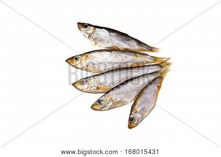 The Azov Sprat (whitebait) Are Small Fish Salted Lies On A White Background, Not Isolated.