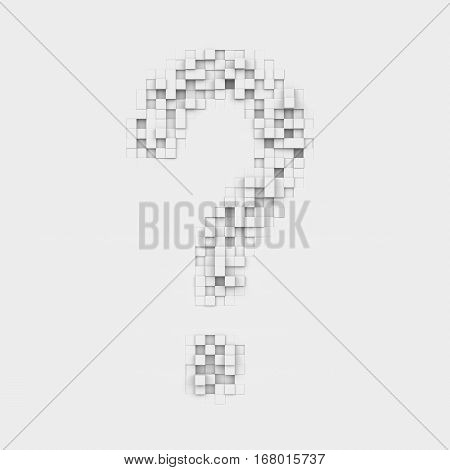 3d rendering of large question mark made up of white square uneven tiles on white background. Letters and numbers. Symbolism. Alphabet. Punctuaion marks.