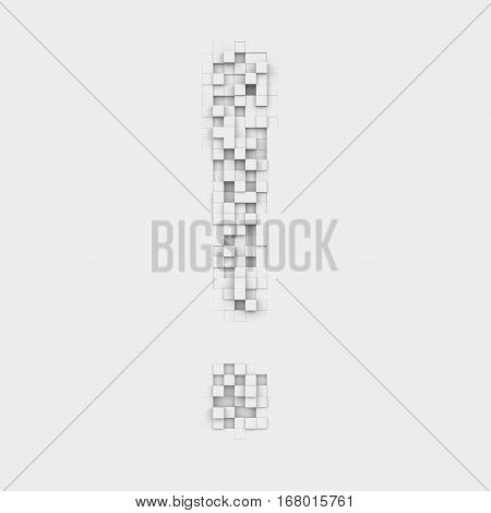 3d rendering of large exclamation mark made up of white square uneven tiles on white background. Letters and numbers. Symbolism. Alphabet. Punctuaion marks.