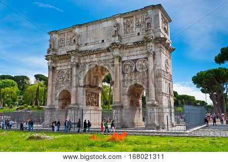 The Triumphal Arch of Constantine in Rome Italy. Arch is located near  Coloseum. It was built in the year 315 and is dedicated to the victory of Constantine over Maxentius.