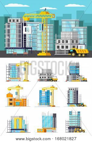 Orthogonal concept with construction work site and set of icons of building houses isolated vector illustration