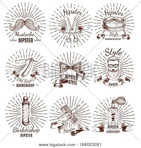 Barbershop monochrome hand drawn labels in hipster style with hairdresser tools and design elements isolated vector illustration