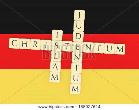 Religion In Germany Concept: Letter Tiles Creating The German Words Islam Judentum (Judaism) Christentum (Christianity) 3d illustration