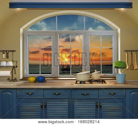 Interior blue kitchen. Preparing lunch at home on the kitchen stove with a view from the window navecherny sunset with a silhouette of the schooner