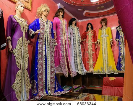 Bursa Turkey - February 28 2016: Mannequins in the Covered Bazaar with beautiful colorful gowns in the cental market in Bursa Turkey