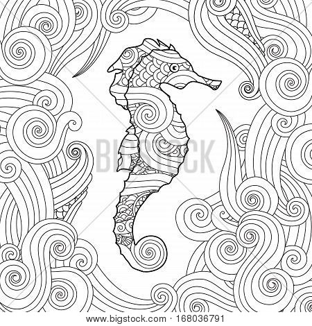 Hand drawn sketch of seahorse surrounded by waves in zentangle inspired style. Coloring book for adult and older children. Square composition. Art vector stylized illustration.