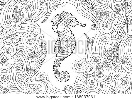 Hand drawn sketch of seahorse surrounded by waves in zentangle inspired style. Coloring book for adult and older children. Horizontal composition. Art vector stylized illustration.