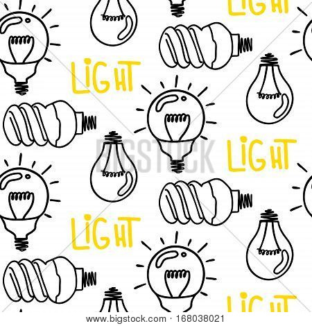 Lamp light bulb hand drawn seamless pattern design. Light bulbs icon. Concept of big ideas inspiration, innovation.  Isolated. Vector illustration.  Idea symbol. Vector. sketch. Hand-drawn doodle sign