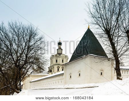 Spaso-Andronikov Monastery in winter, Spassky Cathedral with frescoes of Andrey Rublev. Moscow, Russia .