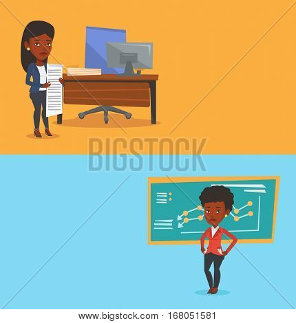 Two business banners with space for text. Vector flat design. Horizontal layout. Business woman standing with long bill in hands. Businesswoman holding long bill. Business woman looking at long bill.