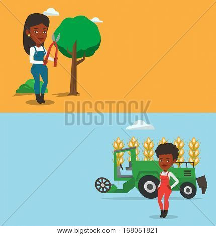 Two agricultural banners with space for text. Vector flat design. Horizontal layout. Farmer standing on background of combine harvester working in field. Farmer and combine harvester harvesting wheat.